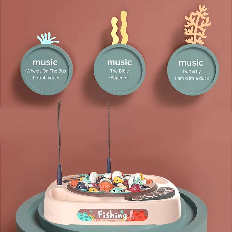 2024 Kids educational circulation rotating fishing toy fun two-person interactive electric musical fishing table toy