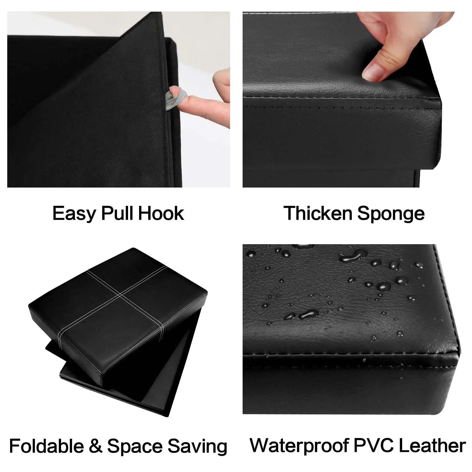 Black Leather Stool with Thicker Foam Padded Seat Small PVC Storage Ottoman Bench Foot Rest with Side Pocket for Living Room