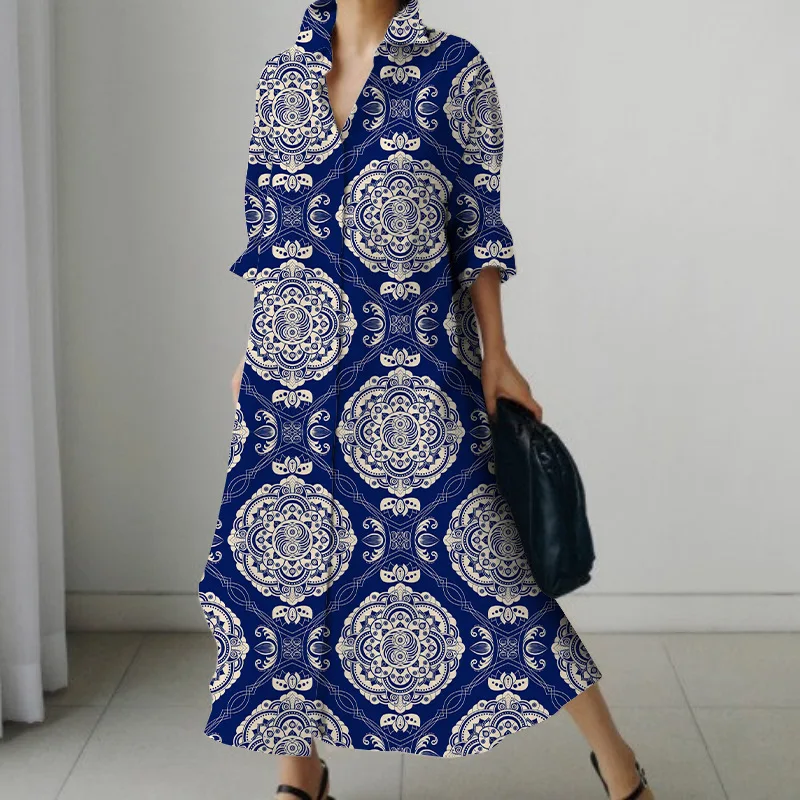 European and American retro ethnic pattern skirts. 3D digital printing. elegant temperament.  spring and autumn dresses