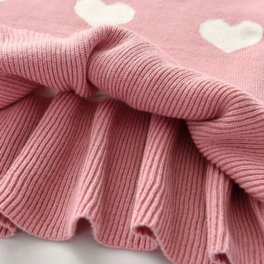 Rarewe 2024 Valentines Red Pink Love Heart Pattern Toddler Baby Girl Sweater Wool Knit Kids Sweater Pleated Dress