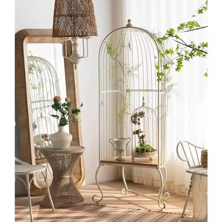 Cage Bench nordic white antique iron home decorative outdoor patio garden vintage retro style wood seat metal garden chair
