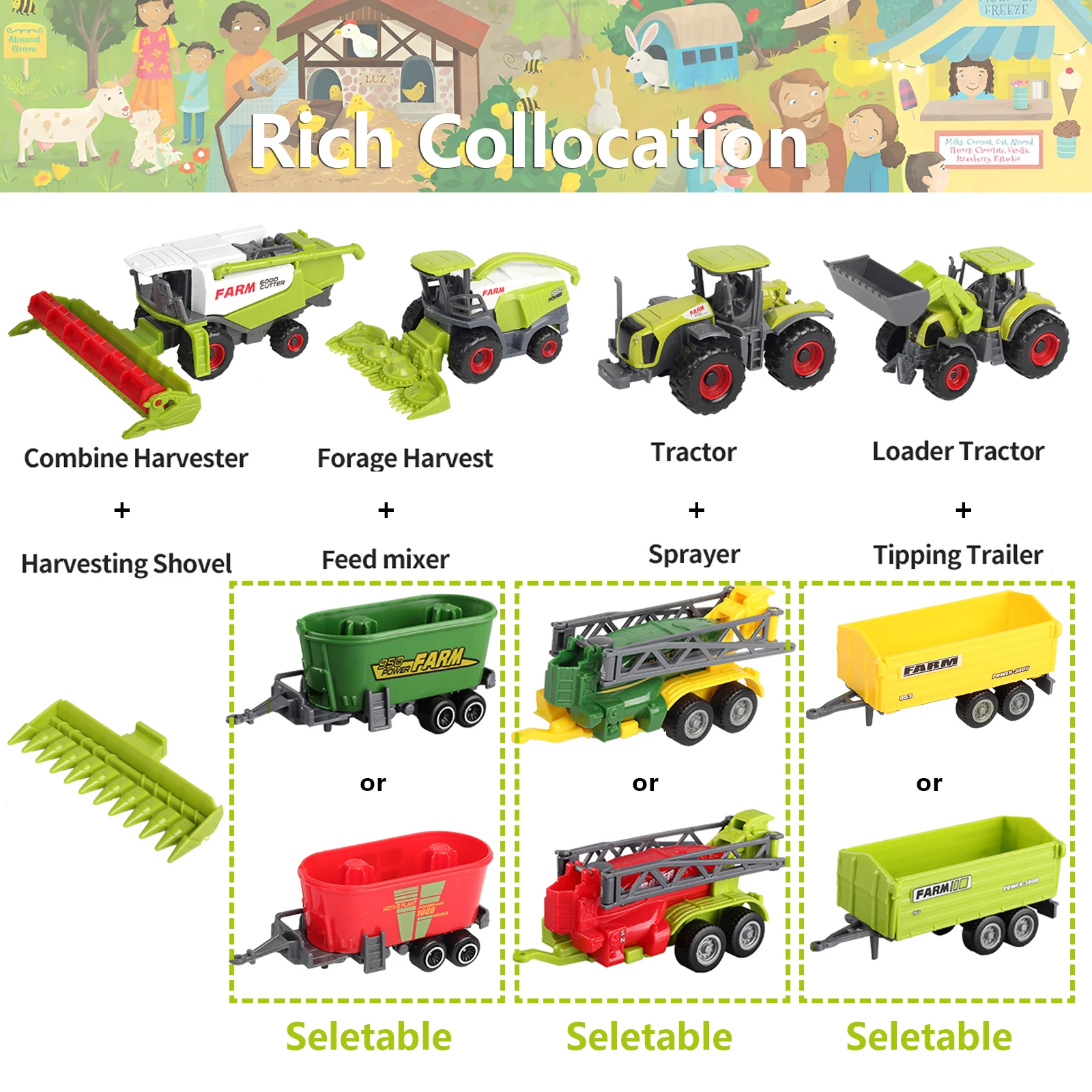 SunQ Multifunctional metal diecast vehicle toy car farm 24pcs alloy toy tractor trailer set