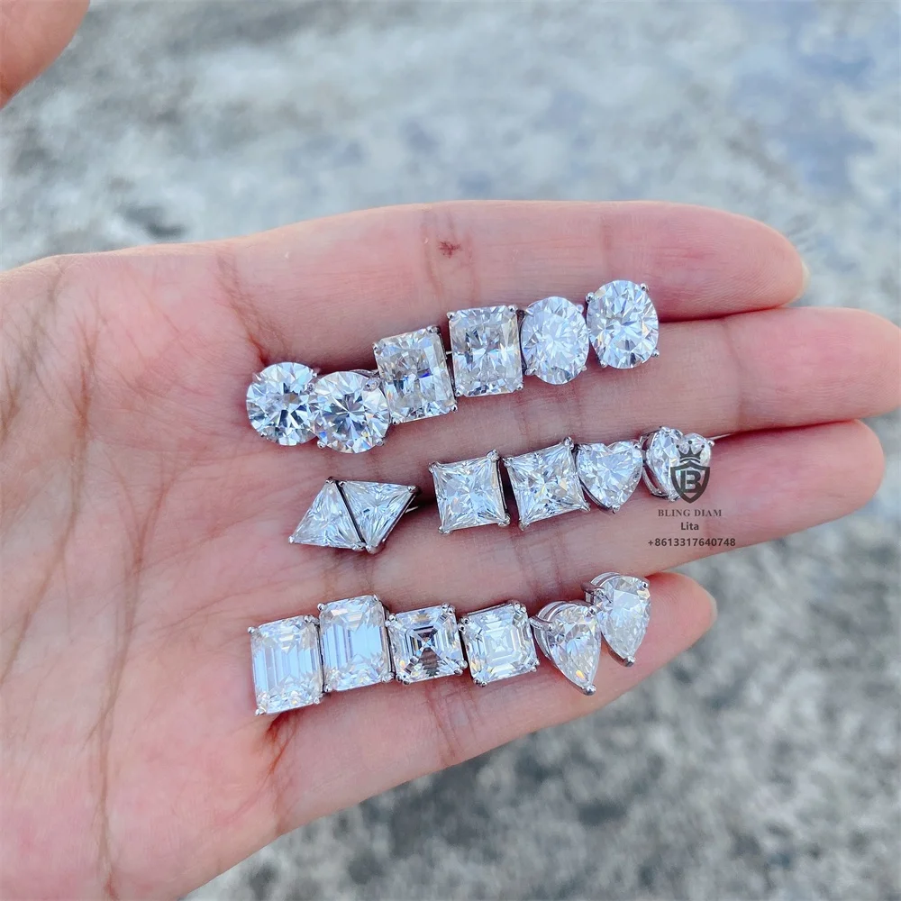 Fashion jewelry pass diamond tester radiant cut emerald cut 925 sterling silver moissanite stud earring