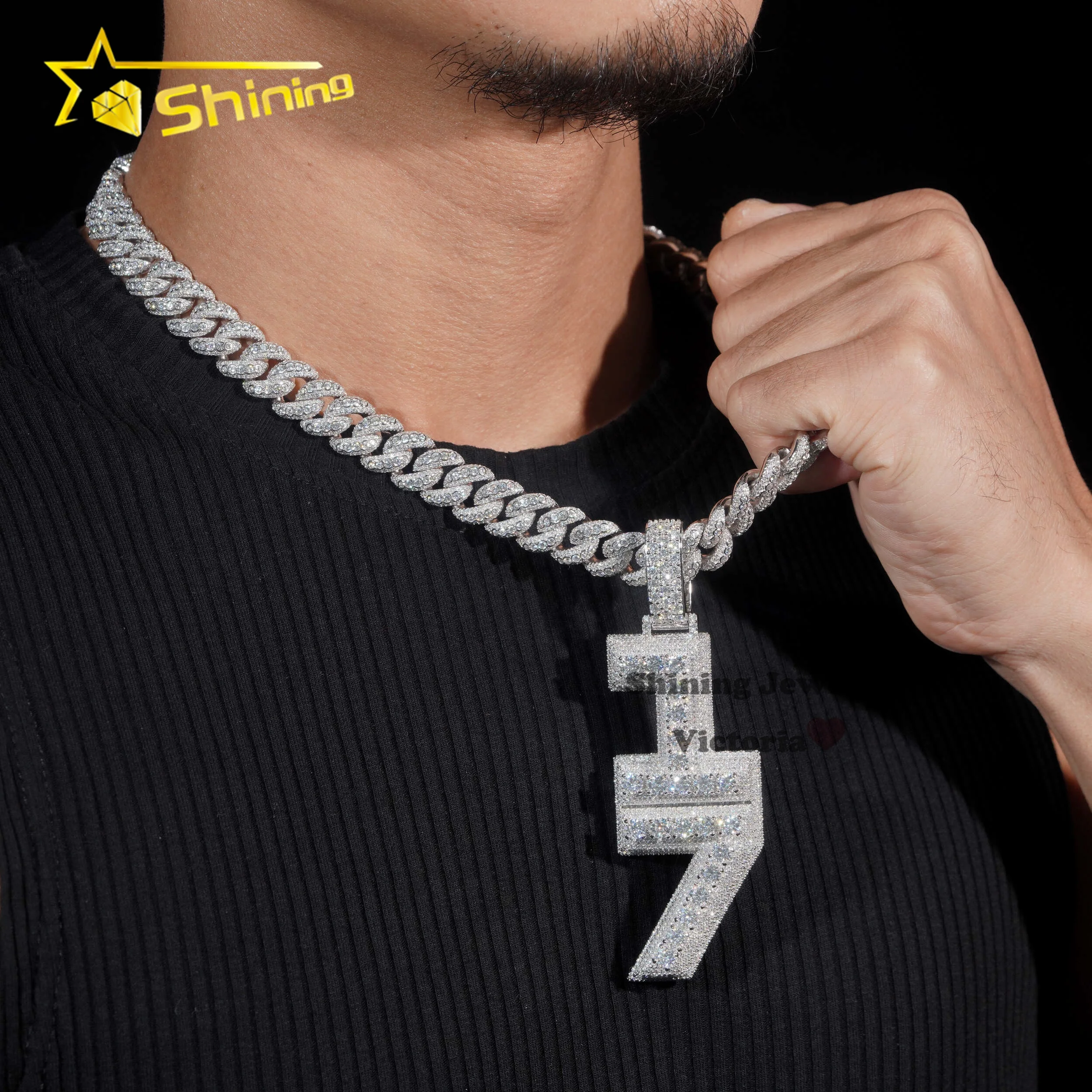 Hip Hop Jewelry Iced out Pendant Number for Cuban Link Chain 925 Silver Moissanite Diamond Custom Luxury Number Pendant Necklace