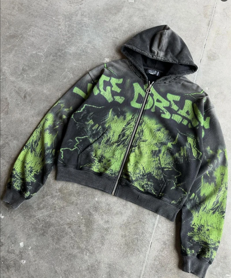 Custom Top Quality All Over Printed Graffiti Hoodie Zip up Vintage Wash Distressed Sweatshirt for Man