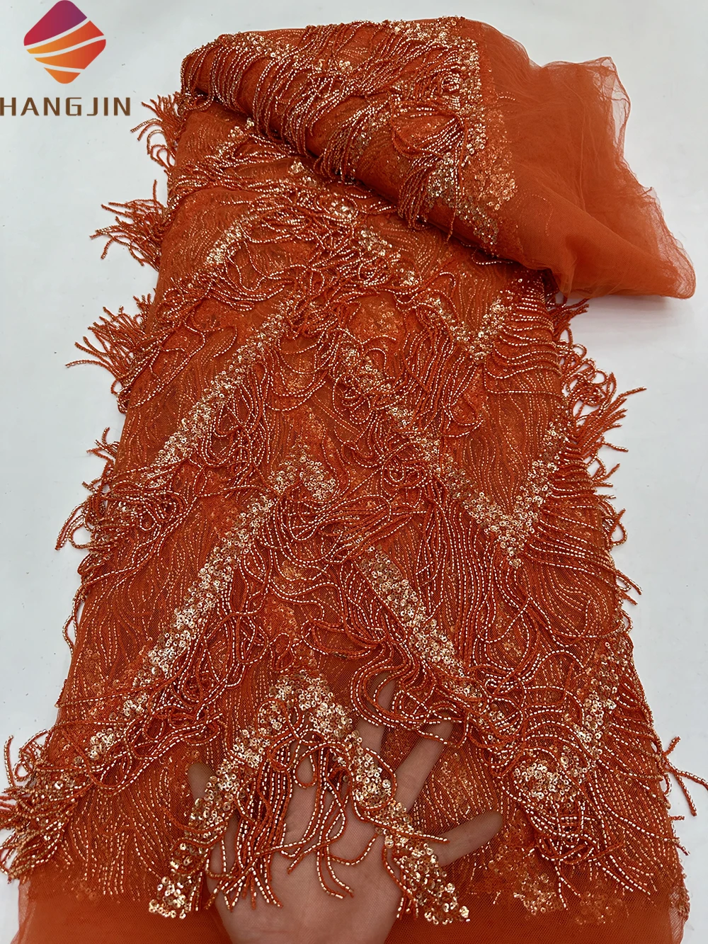 Luxury Sequins Embroidery French Tulle Mesh Lace Heavy Embroidery Beaded Tassel Fringe Fabric For Wedding Party Dress