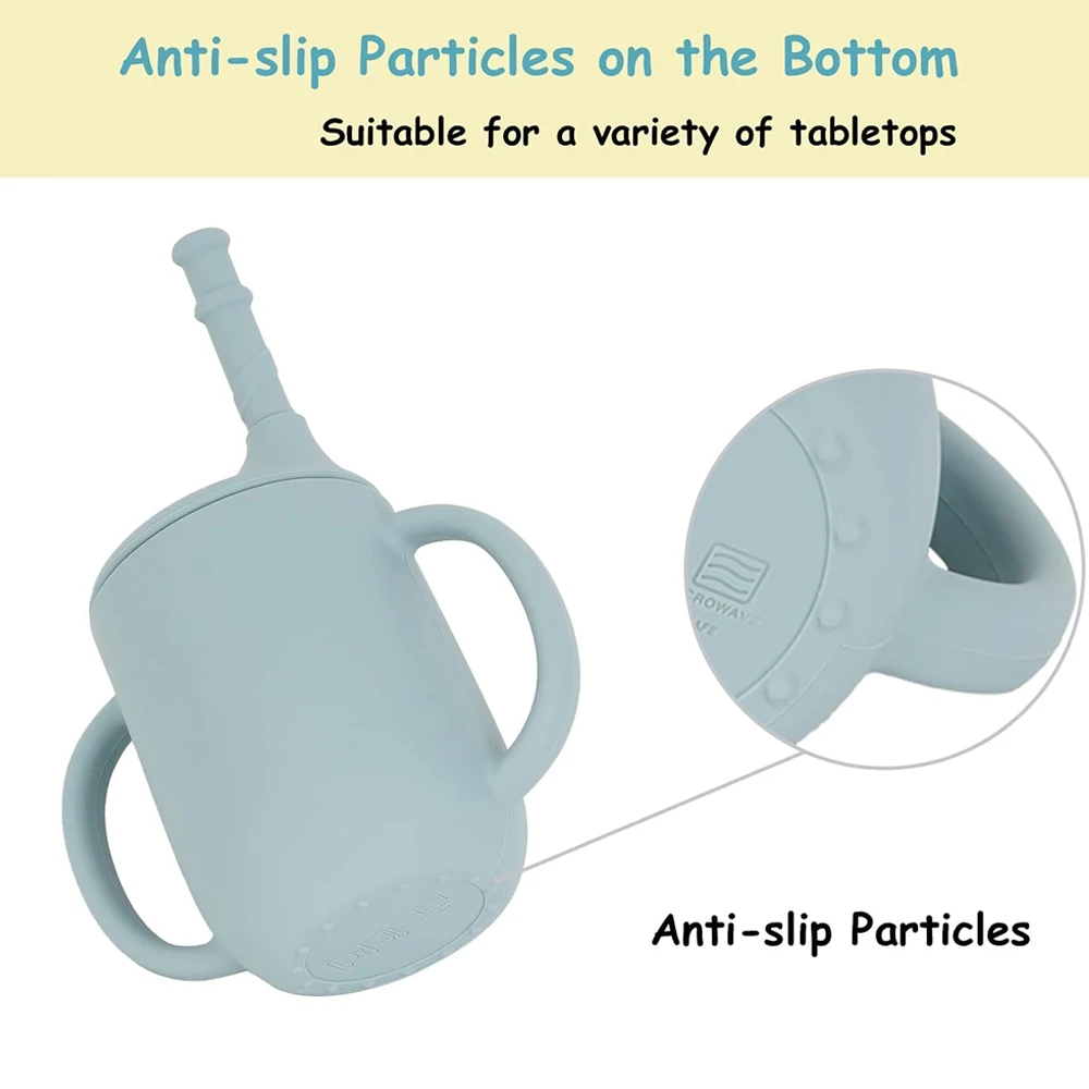 Silicone baby cup Transition cup with straw cover and anti slip handle for overflow training suitable for young children