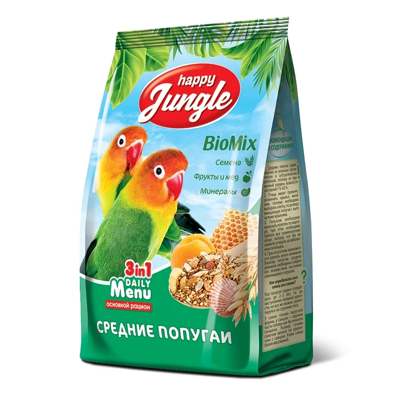 Корм для попугаев Happy Jungle, 500 г, пакет для упаковки пищевых продуктов для домашних животных, сбалансированный микс семян, фруктов