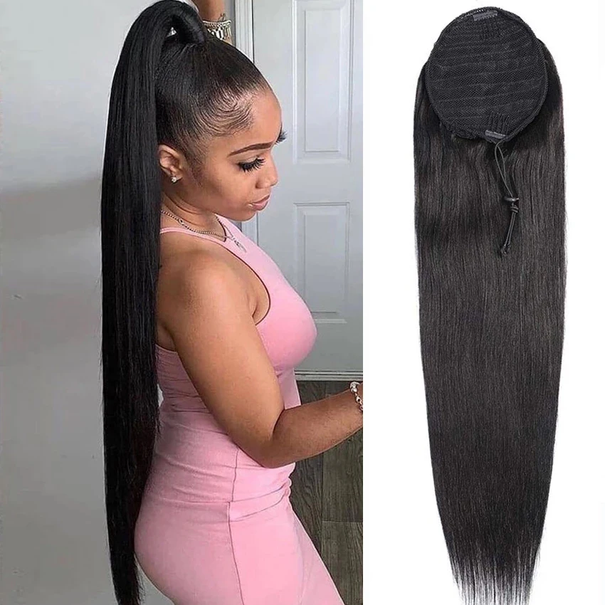 
30 Inch Straight Ponytail Human Hair Extension Long Clip In Drawstring Ponytail Brazilian 100% Raw Remy Human Hair For Women 