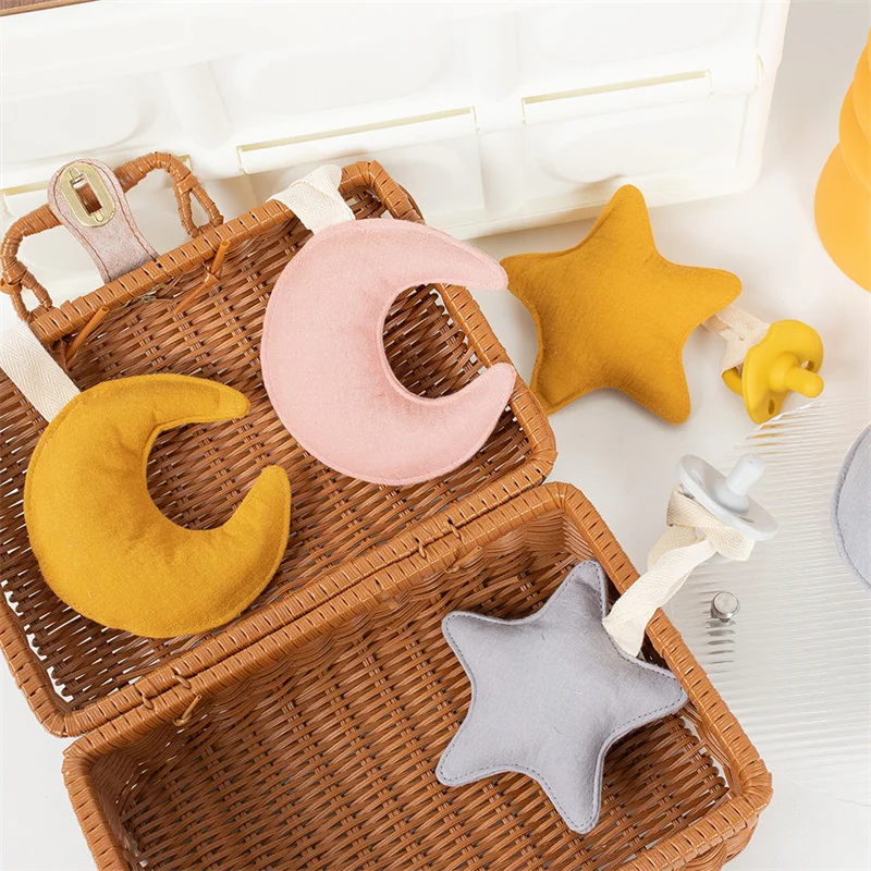 100% Soft Cotton with Moons and Stars Infant Kids Hand Made Soother Teethers Toy Pendent Baby Pacifier Clip Holder