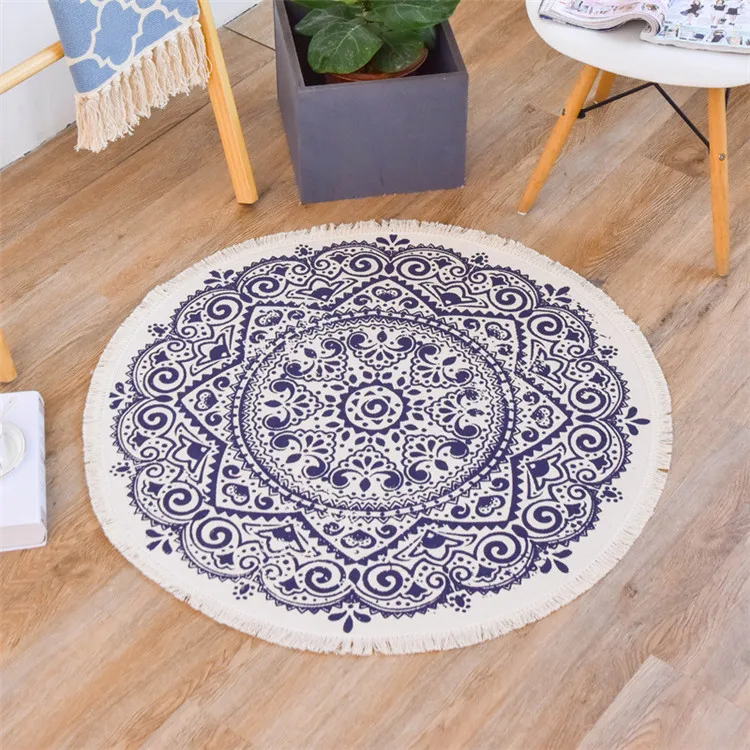 Bohemian Mandala Round Carpet Living Room Bedroom Cotton Line Round Rug Carpet 90x90cm Area Rug Retro Floor Carpet
