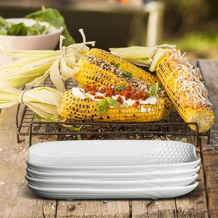 Ceramic Corn COB Holders White Porcelain Serving Tray Corn Dishes Set Non-Slip Bottom Microwave Dishwasher Oven Safe