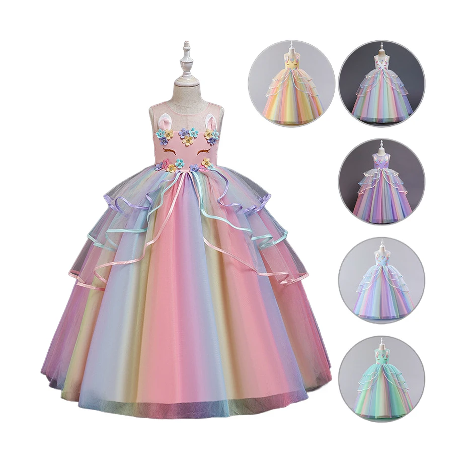 Rarewe Children Clothing Girls Dresses Unicorn Pattern Tops Ruffled Rainbow Princess Dress For Party Wedding Performance Wear