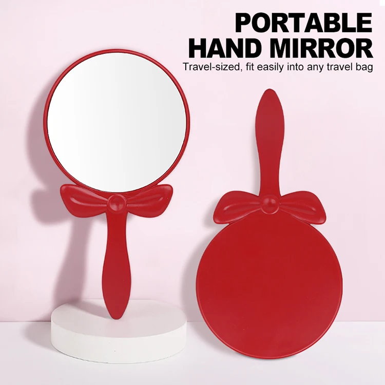 custom design women portable compact circle handheld glass mirror handle makeup mirror with red frame for bedroom