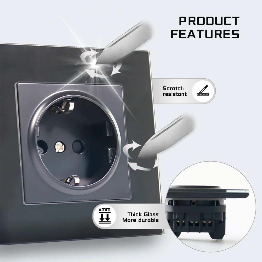 Tempering Glass European Standard German Schuko Wall Socket With Type A Type C USB Charging Port