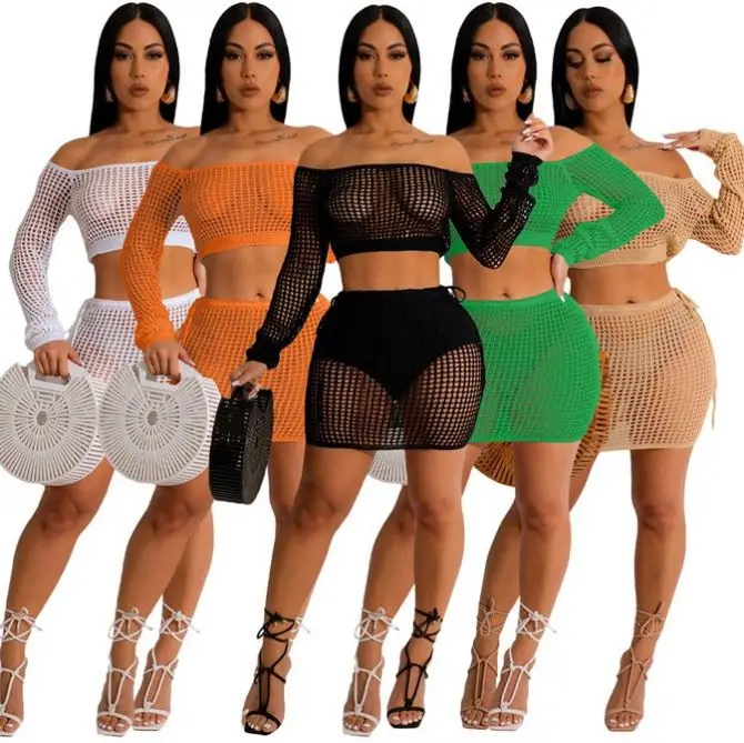 C4668-summer 2023 ladies crop top and skirt women crochet knitted beach cover ups for women