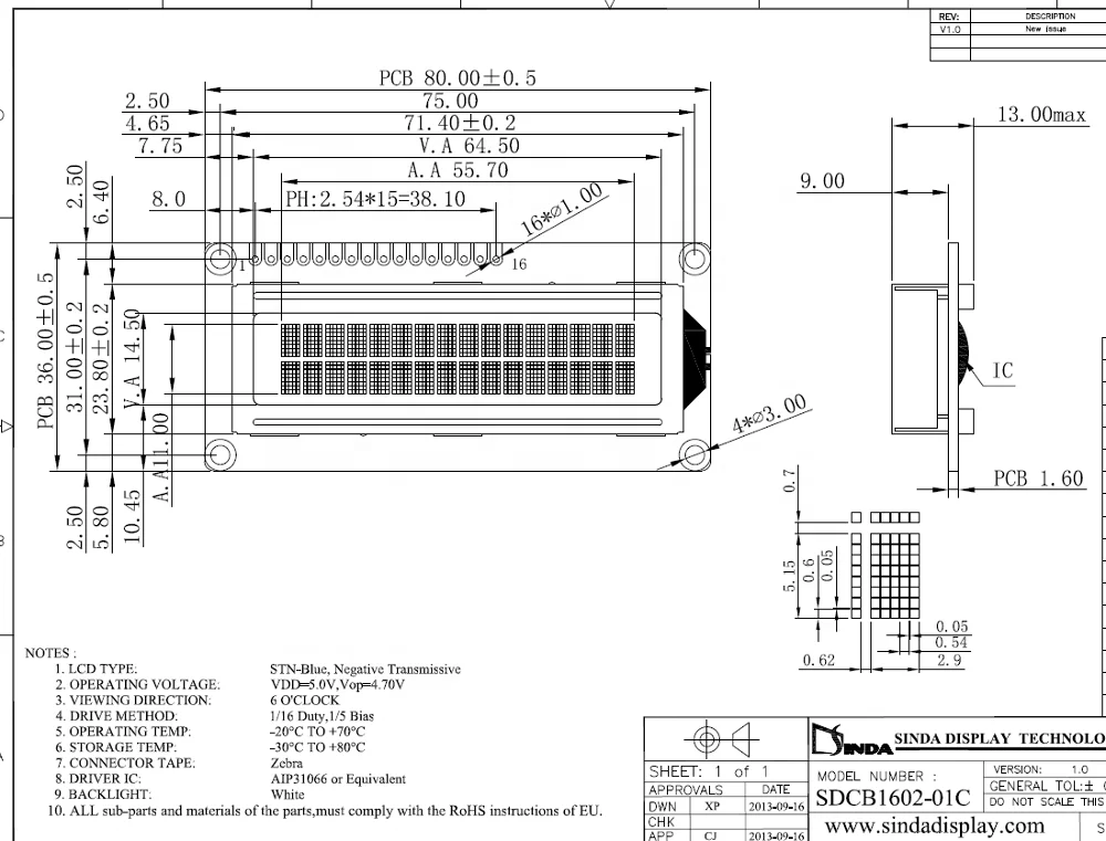 Sinda display TN STH FSTH techology 16X02 LCD display for UPS Measure Device