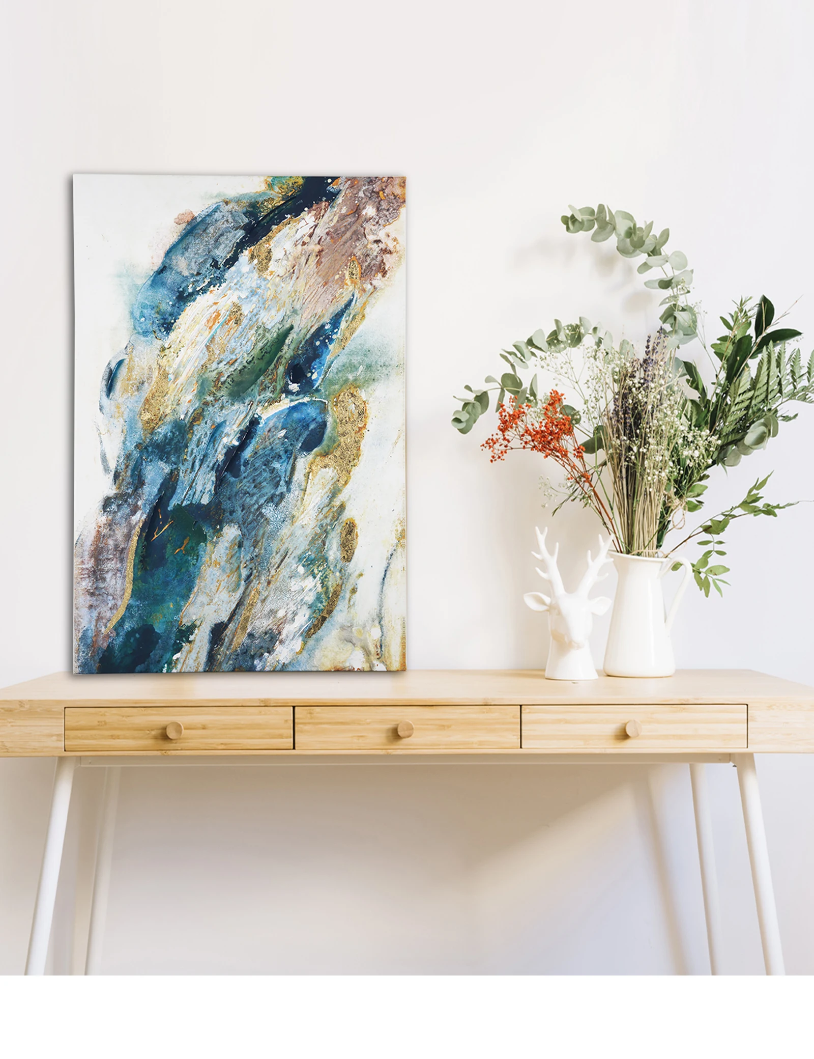 Canvas Wall Art Abstract Turquoise Marble Mixed Colors Blue Teal Gold Foil Digital Art Modern Art Bohemian Colorful