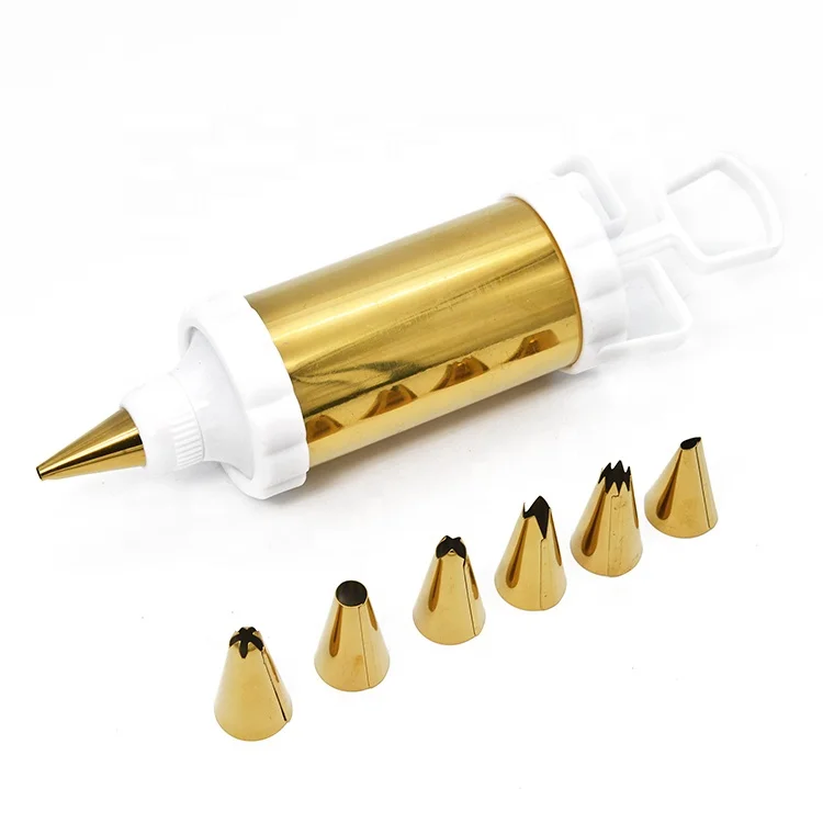 Baking Cake Decorating Tool Rose Gold Cream Nozzles Syringe Gun with cake 7 Nozzles Cookie Cream tip-Piping Cream Flower