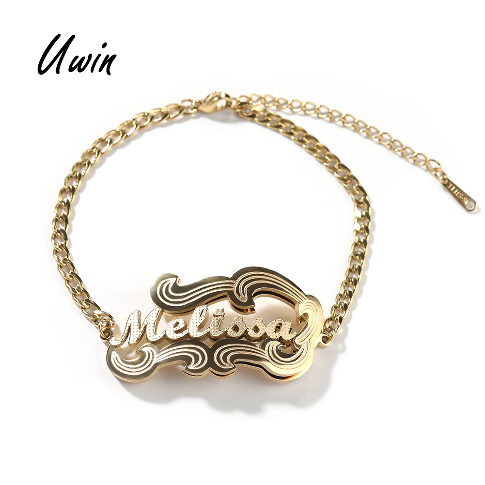 UWIN Custom 2 Layer Name Plate Wrist Bracelet 304 Stainless Steel Personalized Letter Bracelets Women Kids Jewelry