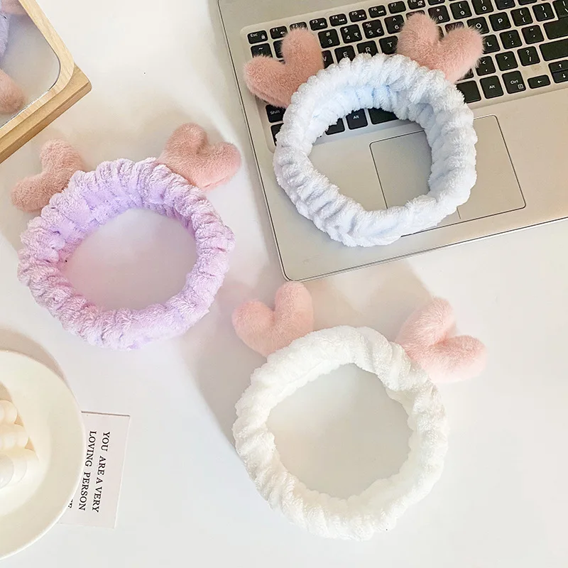 Bath Photo Prop Hair Accessories Women Girls Cute Coral Fleece Deer Horn Elastic Headbands Soft Comfortable Wash Face