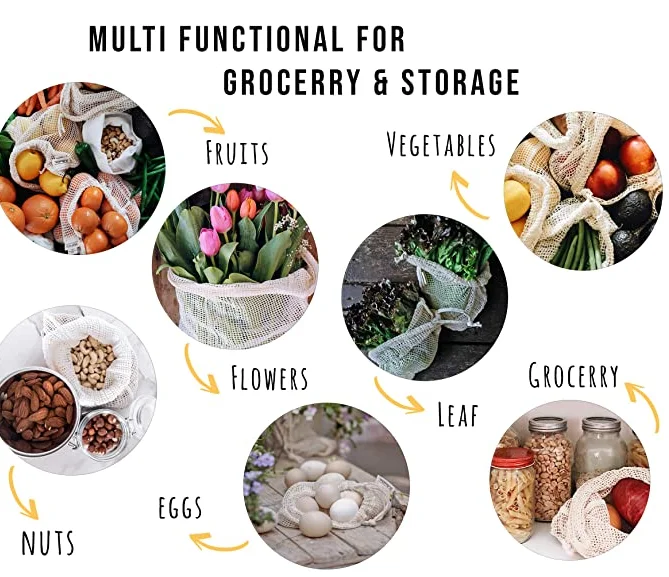 100% Organic Cotton Mesh Net Cloth Food String Custom Logo Washable Storage Drawstring Shopping Bags for Fruits and Produce