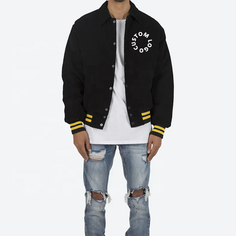 Wholesale Custom Logo Chenille Embroidery Patched Black Patchwork Corduroy Baseball Cotton Letterman Jacket For Men