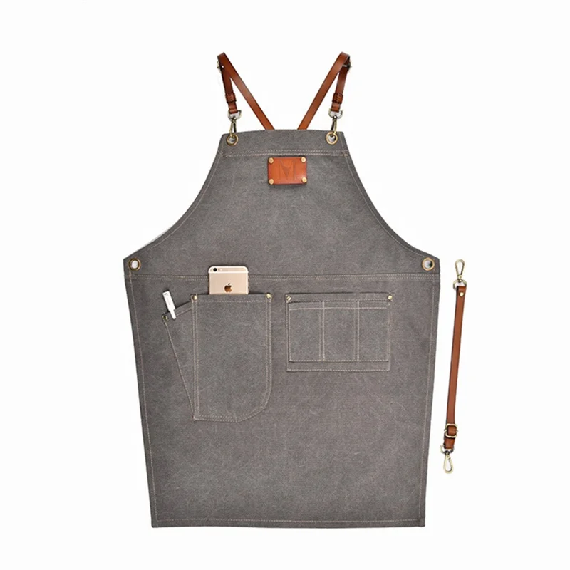 Fashion barista cooking apron kitchen waiter overalls customise logo grey canvas leather straps apron