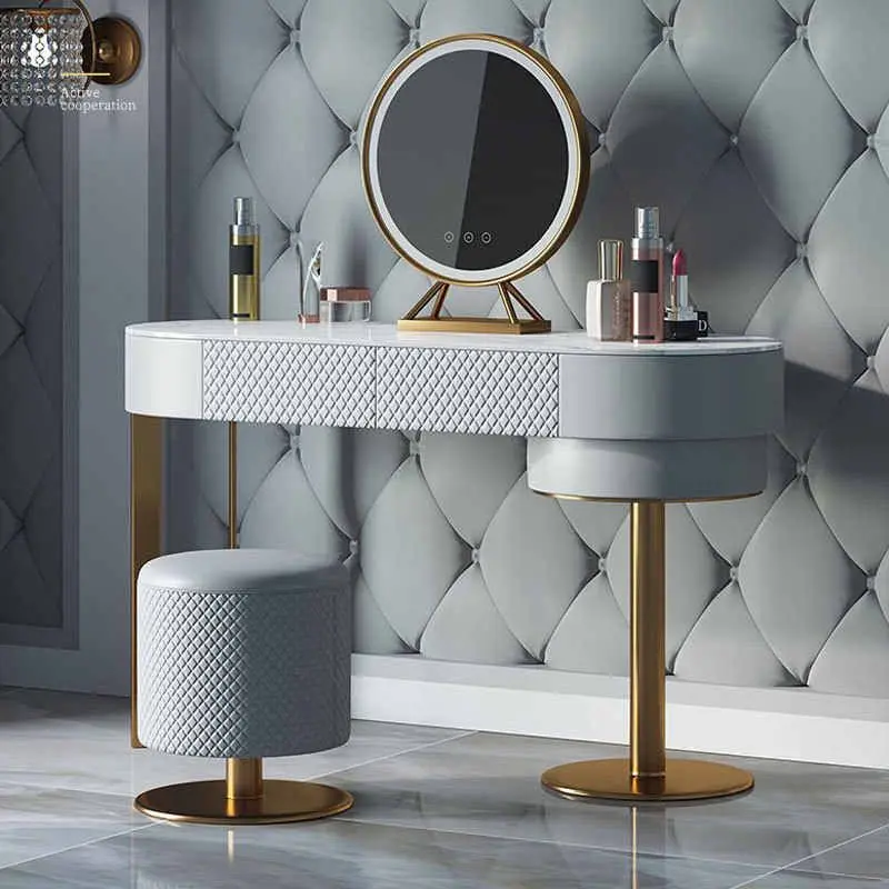 Modern light luxury white wood simple dresser mirror makeup chair bedroom furniture series