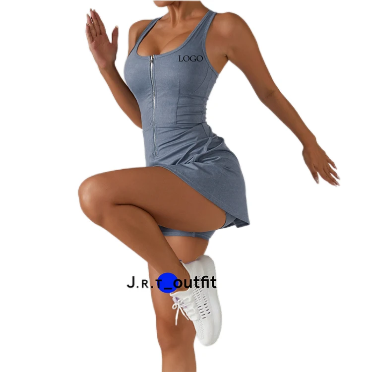 Front Zipper Two In One Badminton Uniforms Tennis Dress With Mesh Shorts Inner