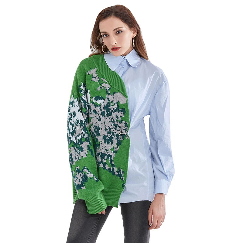 
ONEINALL Lapel Long Sleeve Hit Color Patchwork Blouse Female Fashion New Clothing Spring 