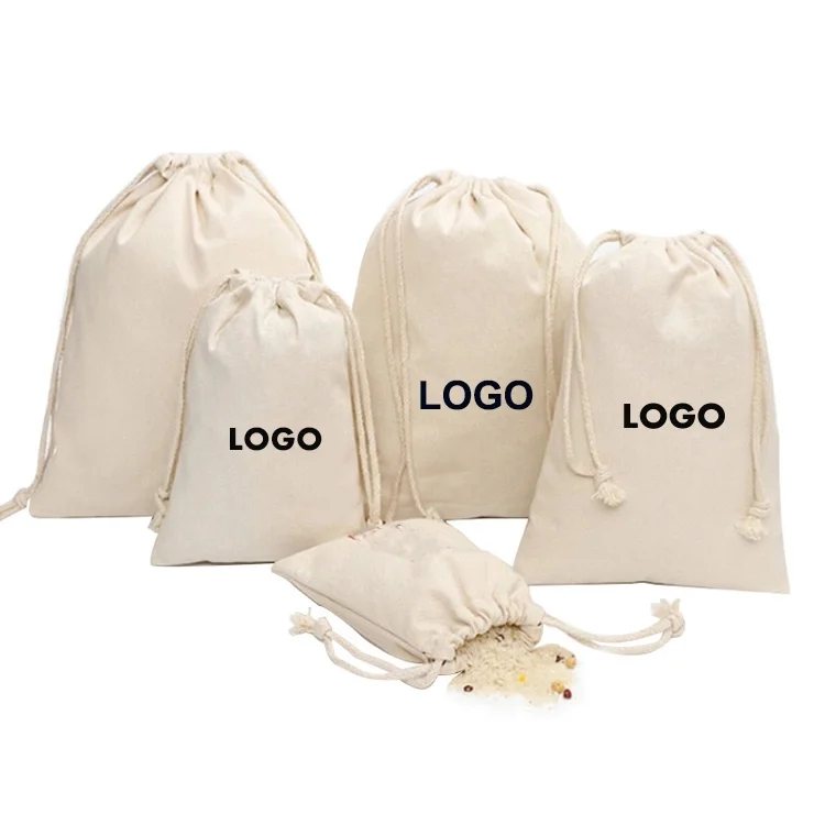 Cheap recycled eco friendly logo printed custom cotton drawstring bag gift packaging
