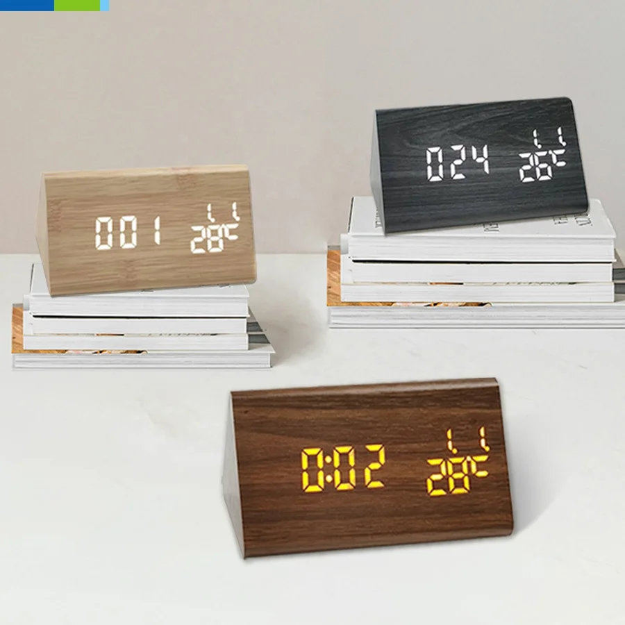LCD Digital LED Wooden Square Alarm Clock Time Date Temperature Display-Smart Table Clocks Night Light Lamp Desktop Decoration
