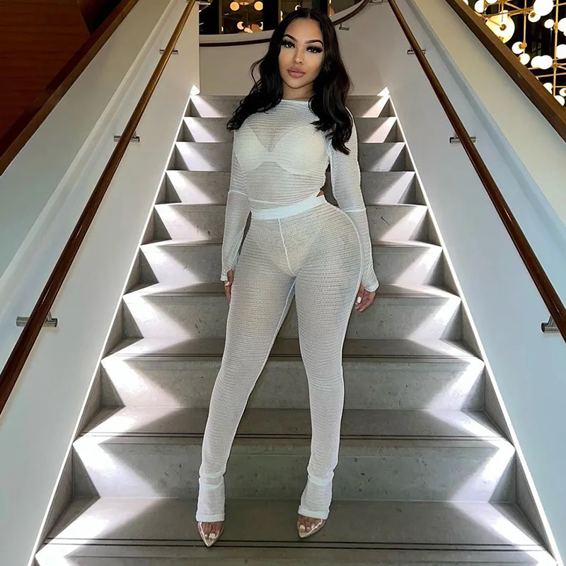 Summer New Wheat Ear Mesh Perspective Tight Long Sleeve Top Long Pants Casual Set