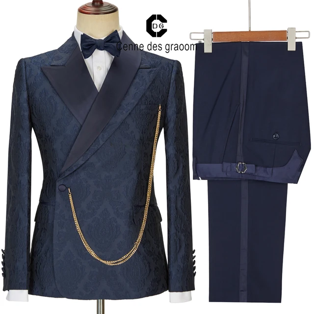Cenne Des Graoom New Men Suits Lapel Blue Jacquard Floral Tailor-Made Tuxedo 2 Pieces Wedding Party Dinner Terno Masculino
