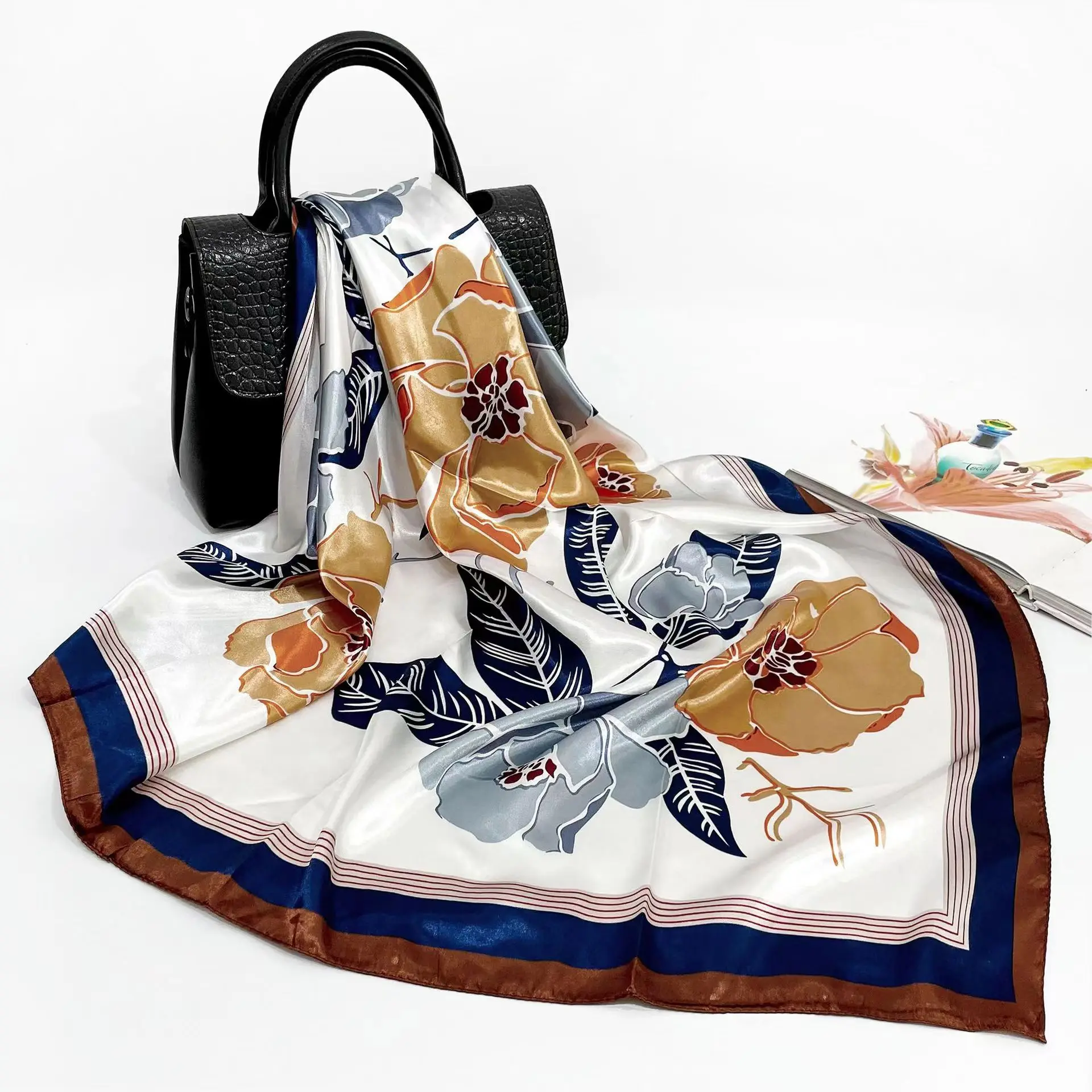 Classical Fashion Design Women Headband Leopard Print Chiffon Silk Scarves With Flowers Russian Maxi Scarf Square 90x90 cm