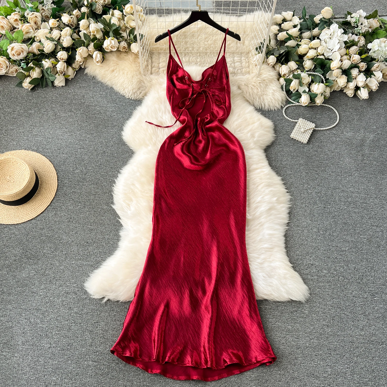 2024 New Fashion Summer Elegant Midi Dress For Women Sleeveless Backless Silk Vestidos Ladies Evening Dresses Clothes Women