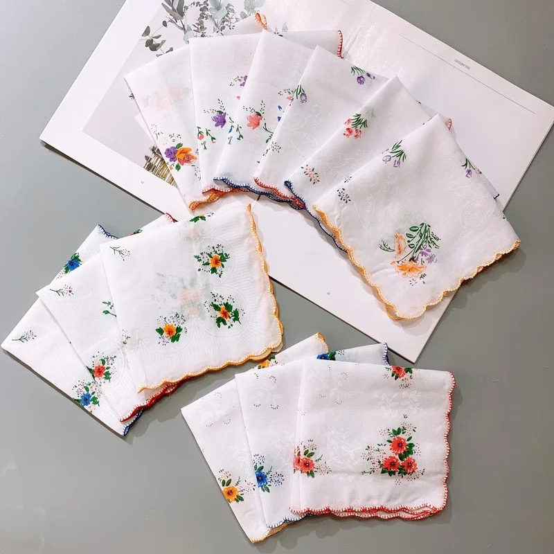 Ladies Pure Cotton Handkerchief with Florets Retro Portable Absorbent Handkerchieves Best Gift for Girls Women