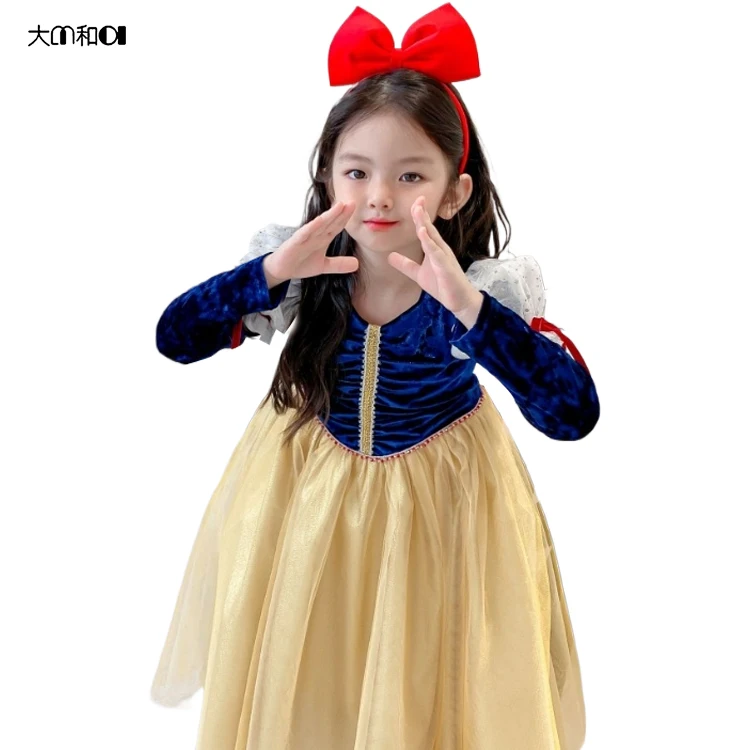 2023-2024 new Girls Snow White dress Canary bubble long sleeve dragon head gold dress
