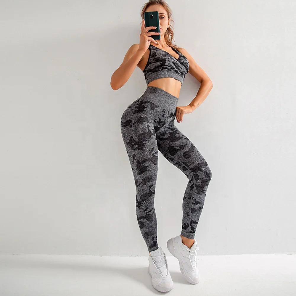
2020 Summer Popular Camouflage Design Women Fitness Yoga Wear Sets Top and Leggings Pants 
