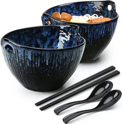Ramen Bowl Chopsticks Spoons Set 7 Inch Ceramic Noodle Bowl Set 6 Pieces Dishwasher Safe Pho Udon Soba Noodle Salad Pasta
