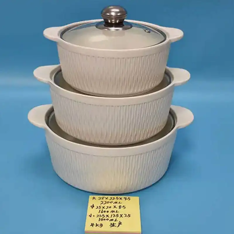 2024 In Stock Porcelain Tableware White Cheap Casserole Pot Embossed Ceramic Soup Pot Sets with Glass Lid