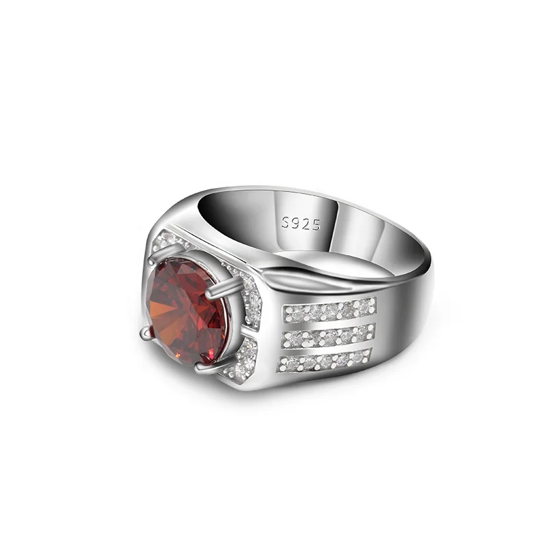 Malaysia 925 Pure Silver Big Red Stone with Clear Zircon Men Rings White Gold Plated Engagement Ring For Men Women Jewelry Ring