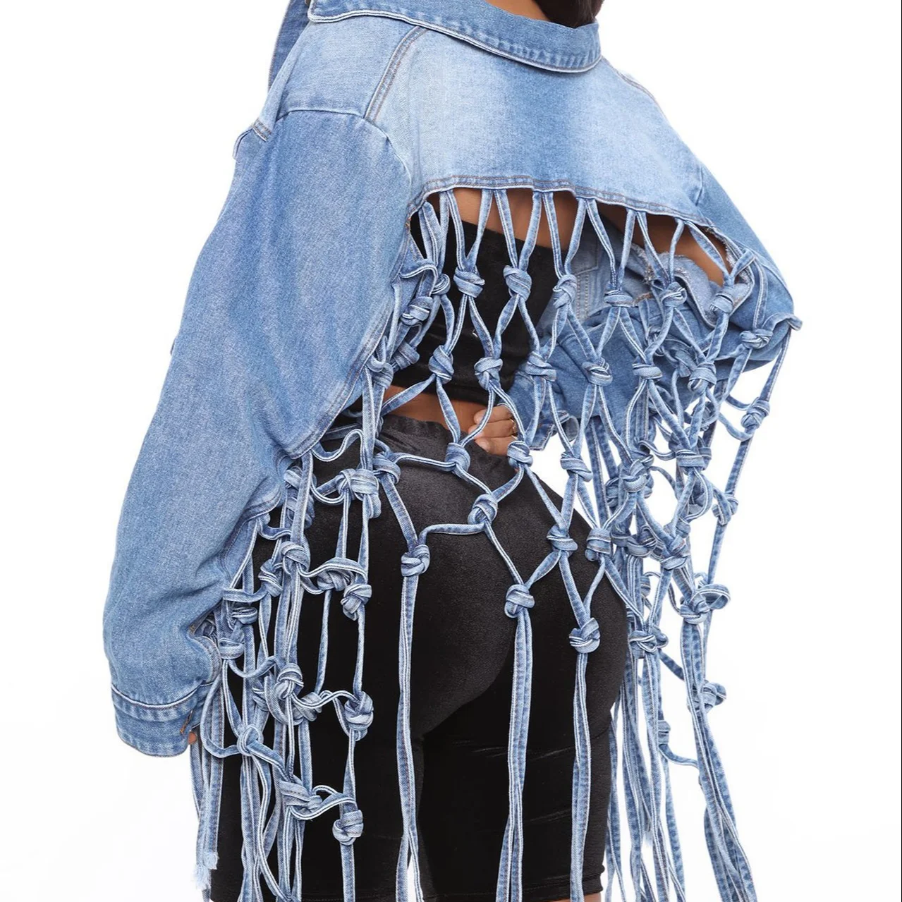 New Arrival Mesh Fringed Denim Sexy Autumn Plus Size 3XL Fashion Ladies Jackets And Coats Womans 2022