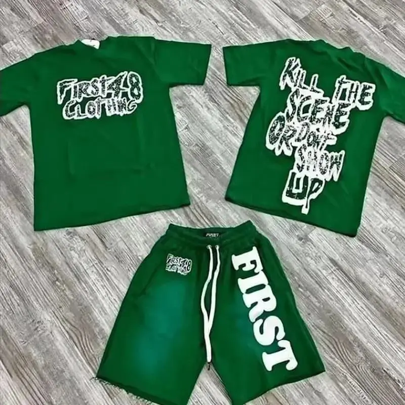 Vintage Mens Shorts Sets Cotton 2 Piece Set Acid Washed Men Summer Set T Shirts And Shorts