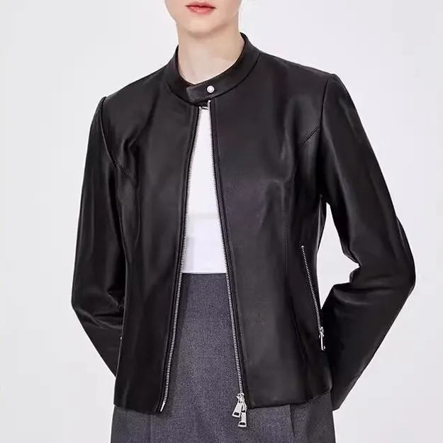 Popular Minimalist Style Spring Jackets for Women 2024 Zipper Genuine Lamb Leather Motorcycle Biker Jacket