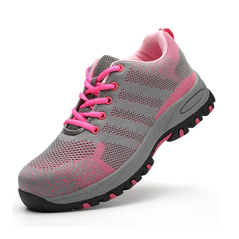 
new style fashion fly knitting pink mesh cloth Anti-smashing and anti-stabbing women safety work shoes 
