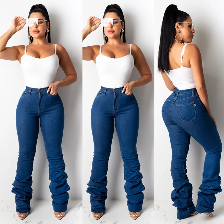 
Fashionable Tall Women Jeans High Waist Solid Color Stacked Jeans Ruched Pants Pleated Leg Ladies Denim 