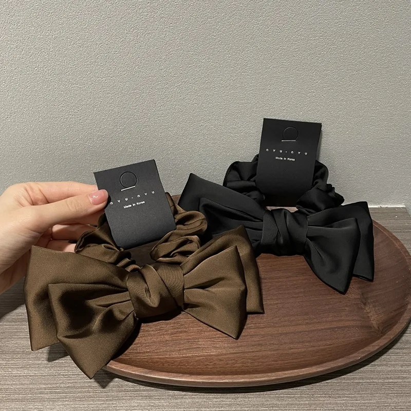 High-end Solid Color Double Layer Satin Bow Hair Scrunchies Elastic Ponytail Hair Band Bowknot Pretty Women Hair Ties