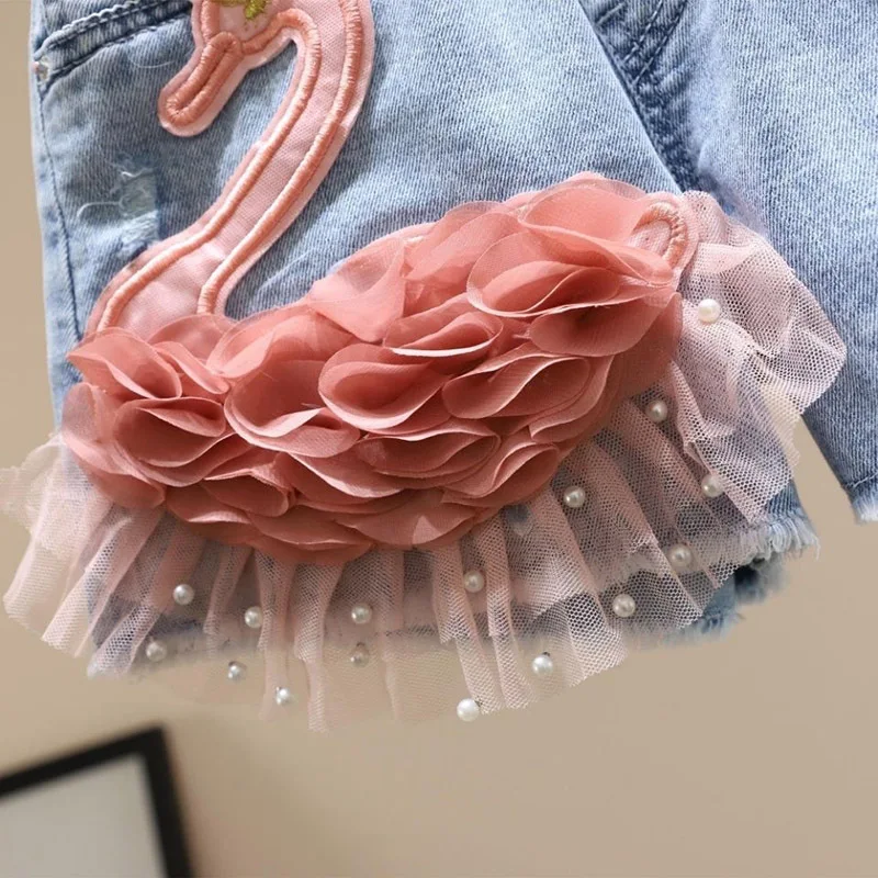 2022 Baby Girls Summer Cotton Denim Shorts Pants Toddler Kids Cute Swan Flower Soft Jeans Teenager Clothes Children Clothing
